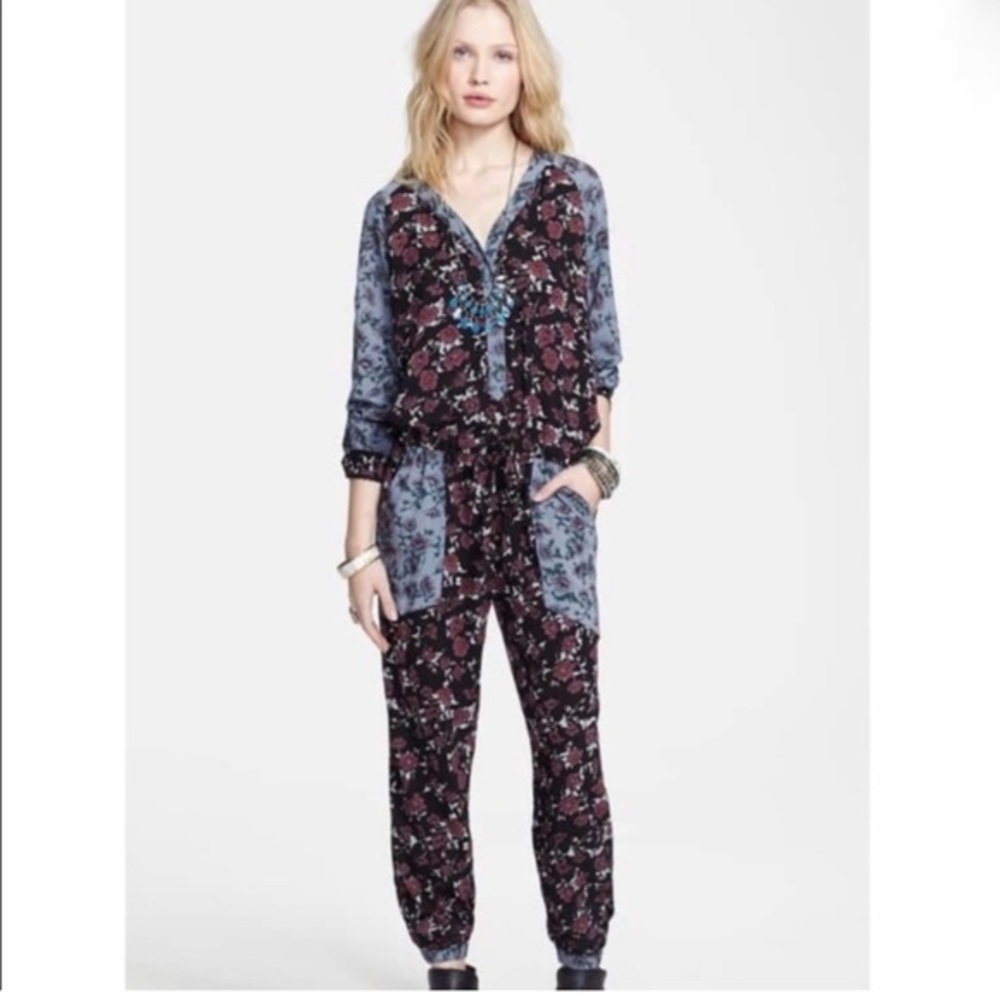 Free People Floral Jumpsuit - Black and Blue